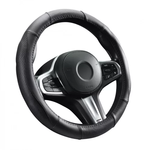 AUTOLIFE DW-5055BK Valódi bőr dobozos kormányvédő szellőző lyukacsos  Fekete varrásos  mintával