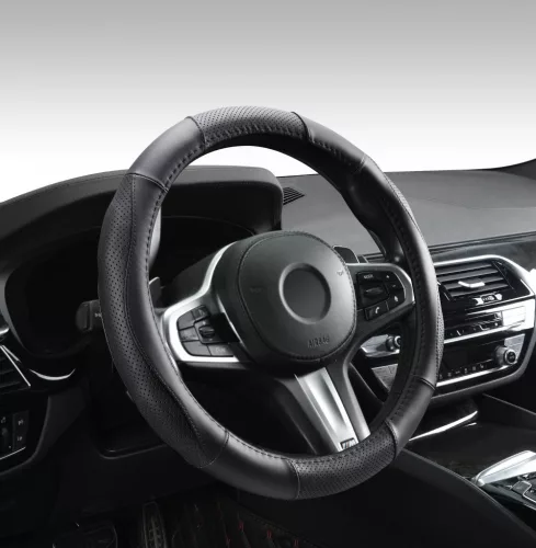 AUTOLIFE DW-5055BK Valódi bőr dobozos kormányvédő szellőző lyukacsos  Fekete varrásos  mintával