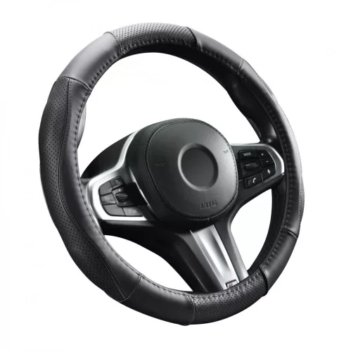 AUTOLIFE DW-5056BK Valódi bőr dobozos kormányvédő szellőző lyukacsos Fekete betétes mintával