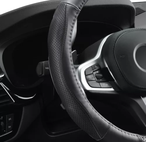 AUTOLIFE DW-5056BK Valódi bőr dobozos kormányvédő szellőző lyukacsos Fekete betétes mintával