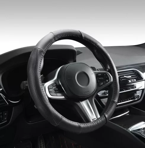 AUTOLIFE DW-5056BK Valódi bőr dobozos kormányvédő szellőző lyukacsos Fekete betétes mintával
