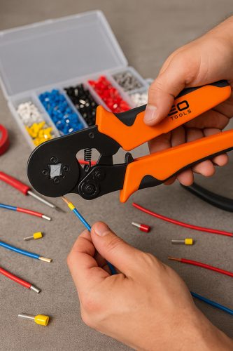 Érvéghüvely fogó 205mm, 4 sarkos, 1200db érvéghüvellyel