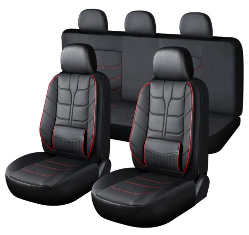11 részes Műbőr + Deréktámasz univerzális üléshuzat szett - 2HELYEN osztható Légzsákos - fekete-piros