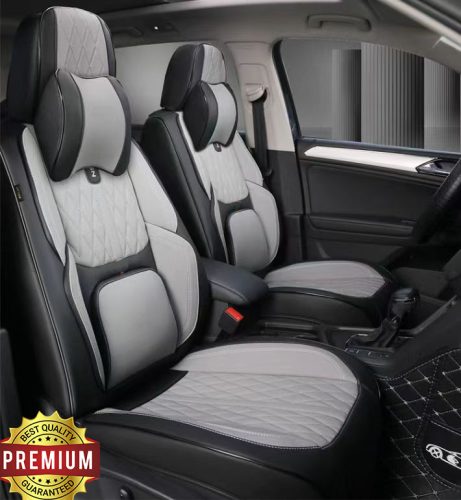 15 részes Prémium Magas minőségű Műbőr üléshuzat szett nyakpárnákkal - Légzsákos - Osztható - Fekete/Szürke színben