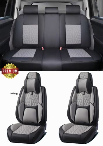 15 részes Prémium Magas minőségű Műbőr üléshuzat szett nyakpárnákkal - Légzsákos - Osztható - Fekete/Szürke színben