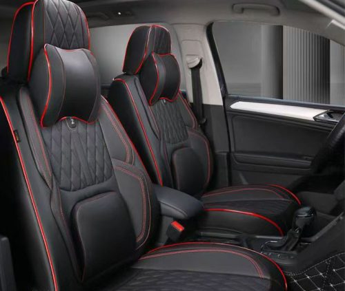 15 részes Prémium Magas minőségű Műbőr üléshuzat szett nyakpárnákkal - Légzsákos - Osztható - Fekete/Piros színben