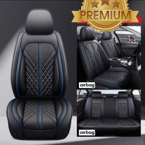 11 részes Prémium minőségű Műbőr üléshuzat szett - Légzsákos - Osztható - Fekete/Kék színben