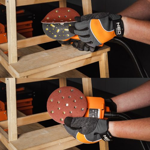 Excentercsiszoló,szénkefementes motor, 350W/150mm, 6 fokozatú ford.szám szabályzás, porszívó csatlakozó