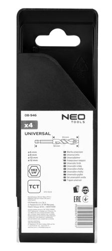 Univerzális keményfémlapkás fúrókészlet, 1/4" hatszög szárral, 6,8,10,12mm, 4db