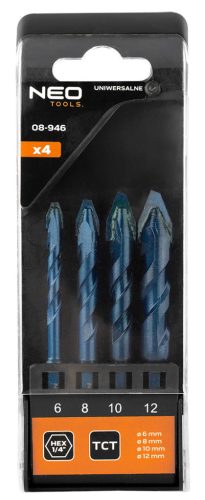 Univerzális keményfémlapkás fúrókészlet, 1/4" hatszög szárral, 6,8,10,12mm, 4db