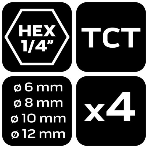 Univerzális keményfémlapkás fúrókészlet, 1/4" hatszög szárral, 6,8,10,12mm, 4db