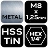 Gépi menetfúró, 2az1-ben előfúró éllel, HSS-Titán, M8x1.25mm, hatszög szárral