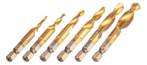 Gépi menetfúró készlet, 2az1-ben előfúró éllel, HSS-Titán, M3-M10, hatszög szárral, 6db