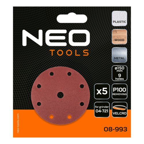 Csiszolókorong tépőzáras 150mm, P100, 9 lyukkal, 5db, 04-721-hez