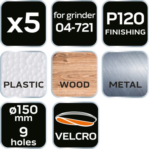 Csiszolókorong tépőzáras 150mm, P120, 9 lyukkal, 5db, 04-721-hez