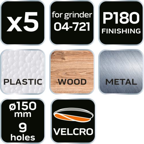 Csiszolókorong tépőzáras 150mm, P180, 9 lyukkal, 5db, 04-721-hez