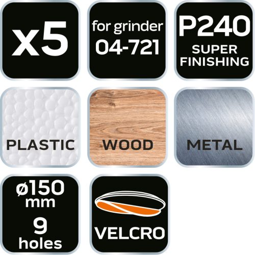 Csiszolókorong tépőzáras 150mm, P240, 9 lyukkal, 5db, 04-721-hez