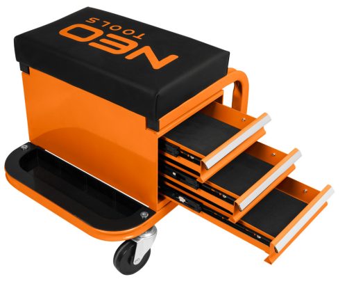 Szerelőszék, fém szerkezetű, kerekekkel, szerszámfiókokkal