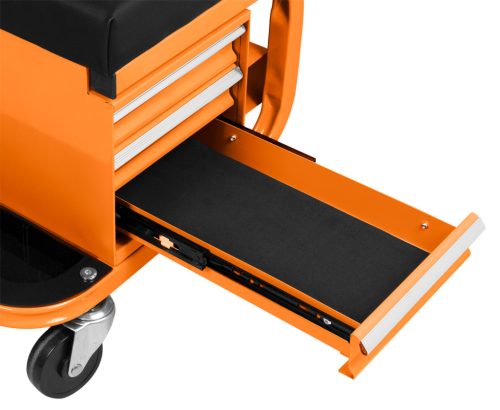 Szerelőszék, fém szerkezetű, kerekekkel, szerszámfiókokkal