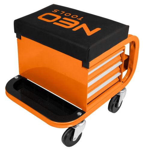 Szerelőszék, fém szerkezetű, kerekekkel, szerszámfiókokkal