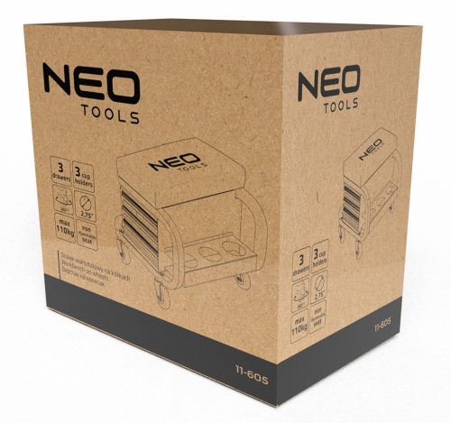 Szerelőszék, fém szerkezetű, kerekekkel, szerszámfiókokkal