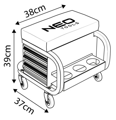 Szerelőszék, fém szerkezetű, kerekekkel, szerszámfiókokkal