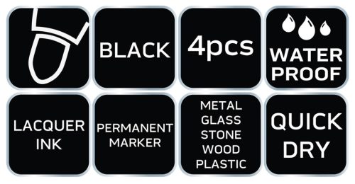 4db jelölőfilc, lakkfilc, vízálló festékkel, alu festéktartály házzal, fekete, vastag hegyű