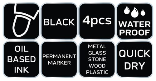 4db jelölőfilc, vízálló olajalapú festékkel, használat előtt felrázandó, fekete, normál hegyű