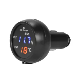   13207 USB-s autós töltő, voltmérővel és LCD digitális hőmérővel, szivargyújtó csatlakozás 12/24V