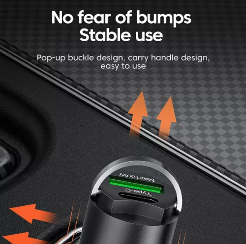 2 portos MAX 100W-os autós gyorstöltő adapter - 12/24V – USB-A + USB-C (PD/QC)