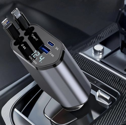 120W 4in1 autós töltő - Kihúzható kábellel TYPE-C + APPLE, PD USB Gyors töltés 12/24V