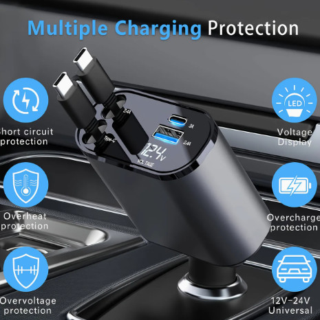 120W 4in1 autós töltő - Kihúzható kábellel TYPE-C + APPLE, PD USB Gyors töltés 12/24V