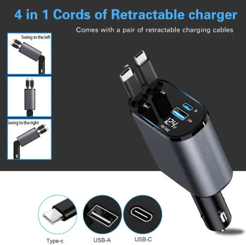 120W 4in1 autós töltő - Kihúzható kábellel TYPE-C + APPLE, PD USB Gyors töltés 12/24V