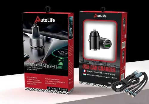  Autós gyorstöltő + 3in1 gyorstöltő kábel - 2 portos MAX 100W-os autós gyorstöltő adapter - 12/24V – USB-A + USB-C (PD/QC)
