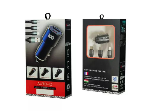  Autós gyorstöltő + 3in1 gyorstöltő kábel - 2 portos MAX 100W-os autós gyorstöltő adapter - 12/24V – USB-A + USB-C (PD/QC)