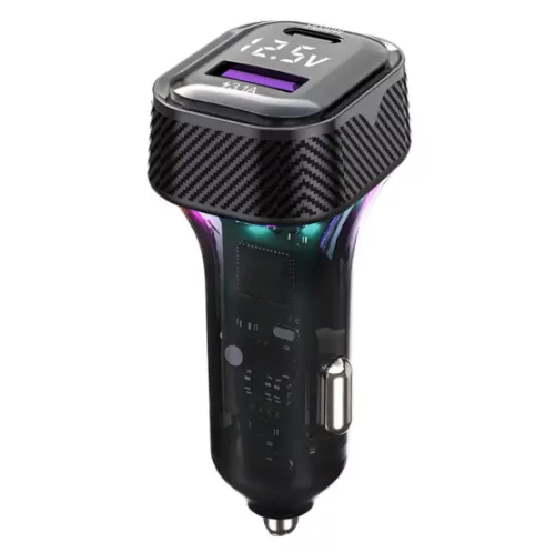 Szivargyújtós gyorstöltő 45W – PD Type-C + USB, RGB világítással és beépített voltmérővel