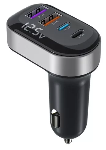 Szivargyújtós autós töltő – 4 portos (2× 15W USB + 2× 15W Type-C), beépített voltmérővel