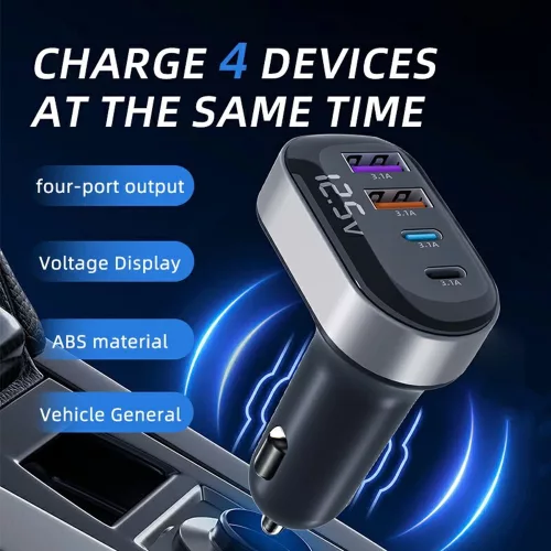 Szivargyújtós autós töltő – 4 portos (2× 15W USB + 2× 15W Type-C), beépített voltmérővel