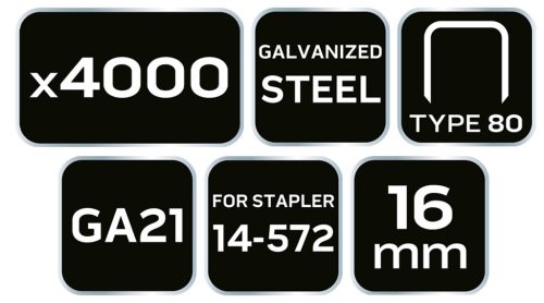 Tűzőkapocs, horganyzott 80-as tipus, pneumatikus tűzőgéphez (14-572), GA21, 16 mm, 4000 db