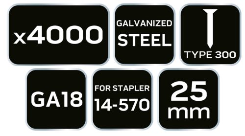 Tűzőszeg, horganyzott 300 (F) tipus, pneumatikus tűzőgéphez (14-570), GA18, 25 mm, 4000 db