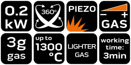 Gázforrasztó, gázégő, állítható fej, 360 fokos, piezo, gázszabályzó szelep,3g gáztöltet, öngyújtógázzal tölthető