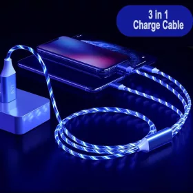   3in1 Micro USB + Type C + Apple LIGHTNING világító LED töltőkábel kábel - kék színben