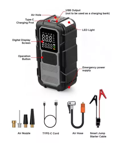 4 az Intelligens Jumper/Starter és Kompresszor - 1000A - 8000mAh - 100W