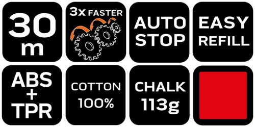 Kicsapózsinór + festék, műanyag házas, 30m, 1:3-as gyorsítóáttétel a zsinór visszatekeréshez, piros porfesték