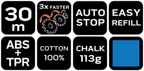 Kicsapózsinór + festék, műanyag házas, 30m, 1:3-as gyorsítóáttétel a zsinór visszatekeréshez, kék porfesték