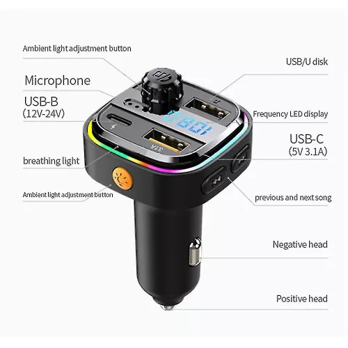  C26 Bluetooth kihangosító 5.3+EDR RGB- FM/Transmitter - 12/24V