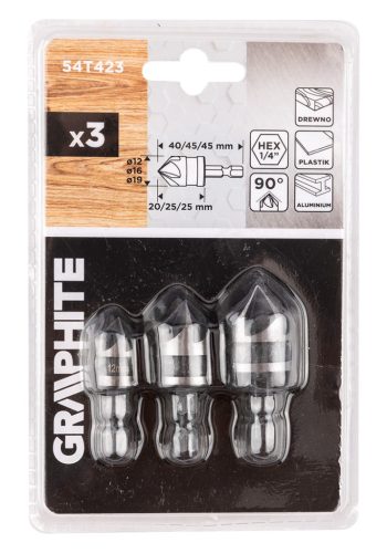 Süllyesztőfúró készlet, csavarfejekhez, 1/4" hatszög szár, 12, 16, 19mm, 3db