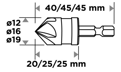 Süllyesztőfúró készlet, csavarfejekhez, 1/4" hatszög szár, 12, 16, 19mm, 3db