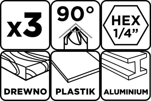 Süllyesztőfúró készlet, csavarfejekhez, 1/4" hatszög szár, 12, 16, 19mm, 3db