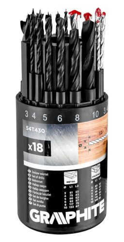 Fúrókészlet, fém, fa, kőzefúrókkal, hengeres szár, 3,4,5,6,8,10mm méretek, 18db